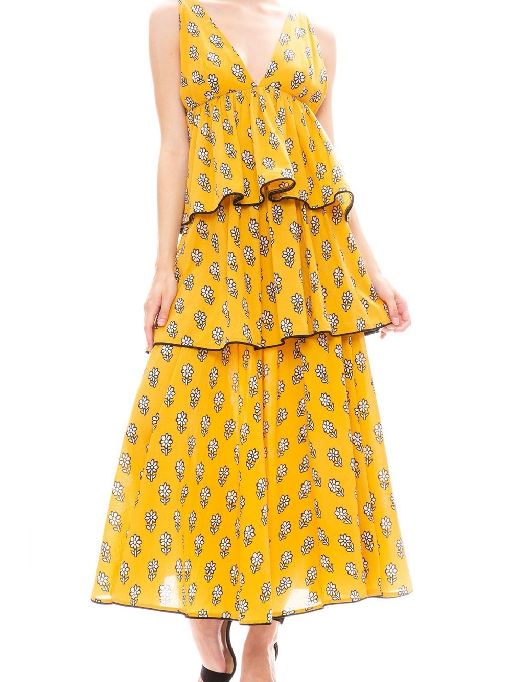 Rhode Leela Tiered Maxi Dress Yellow Floral Cotton Size Small